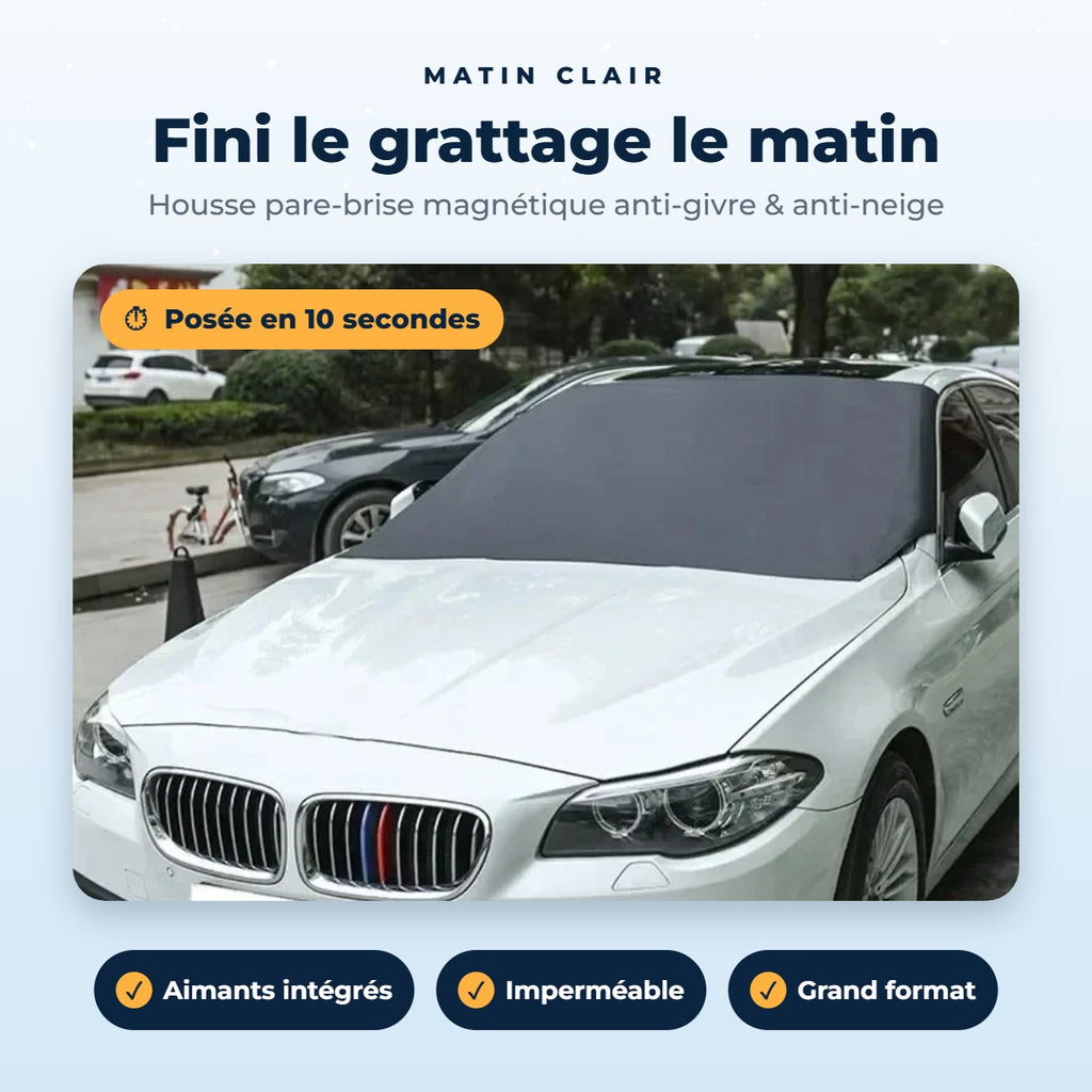 Housse pare-brise magnétique Matin Clair posée sur une voiture – fini le grattage le matin